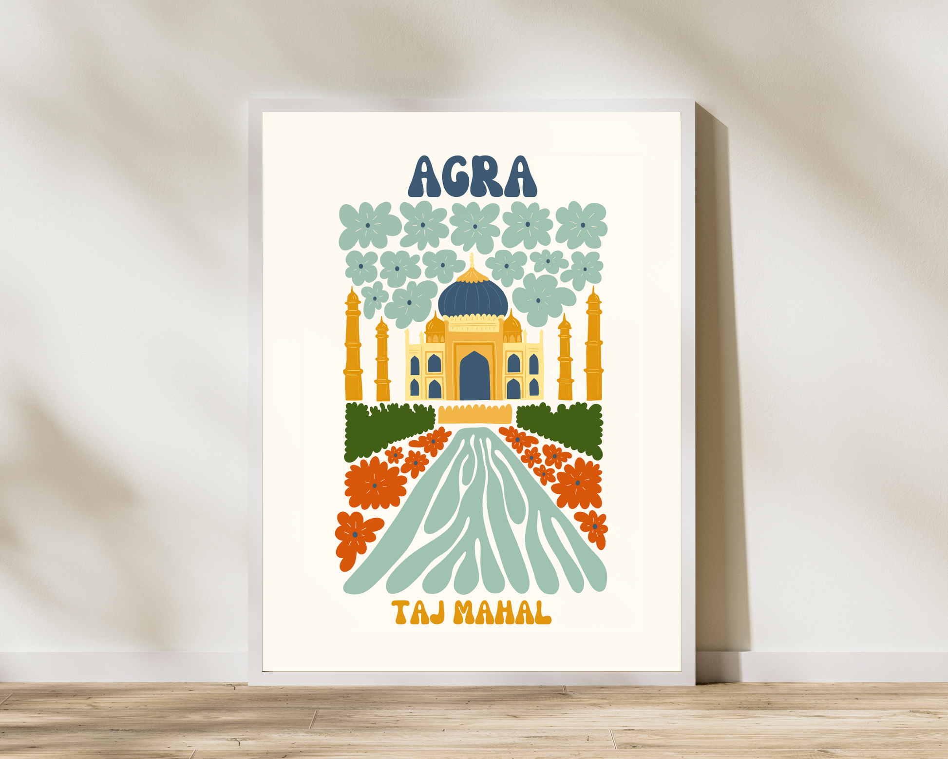 Agra Taj Mahal Floral Retro 60s Hippie Travel Print Poster - Pitchers Design