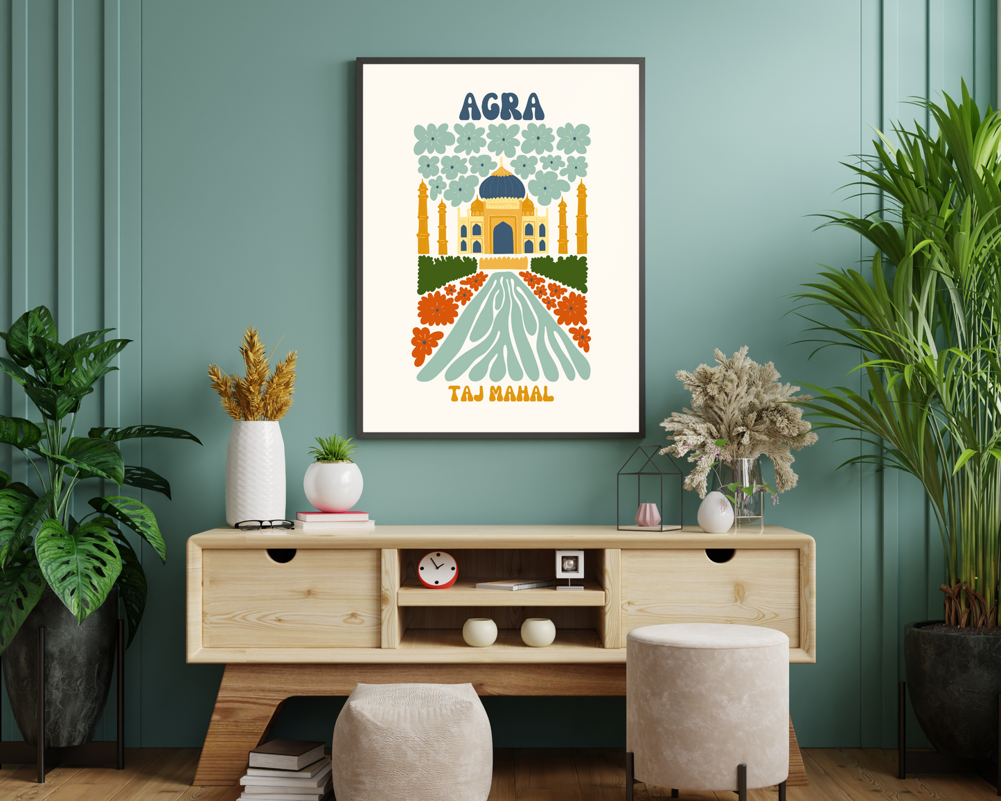 Agra Taj Mahal Floral Retro 60s Hippie Travel Print Poster - Pitchers Design