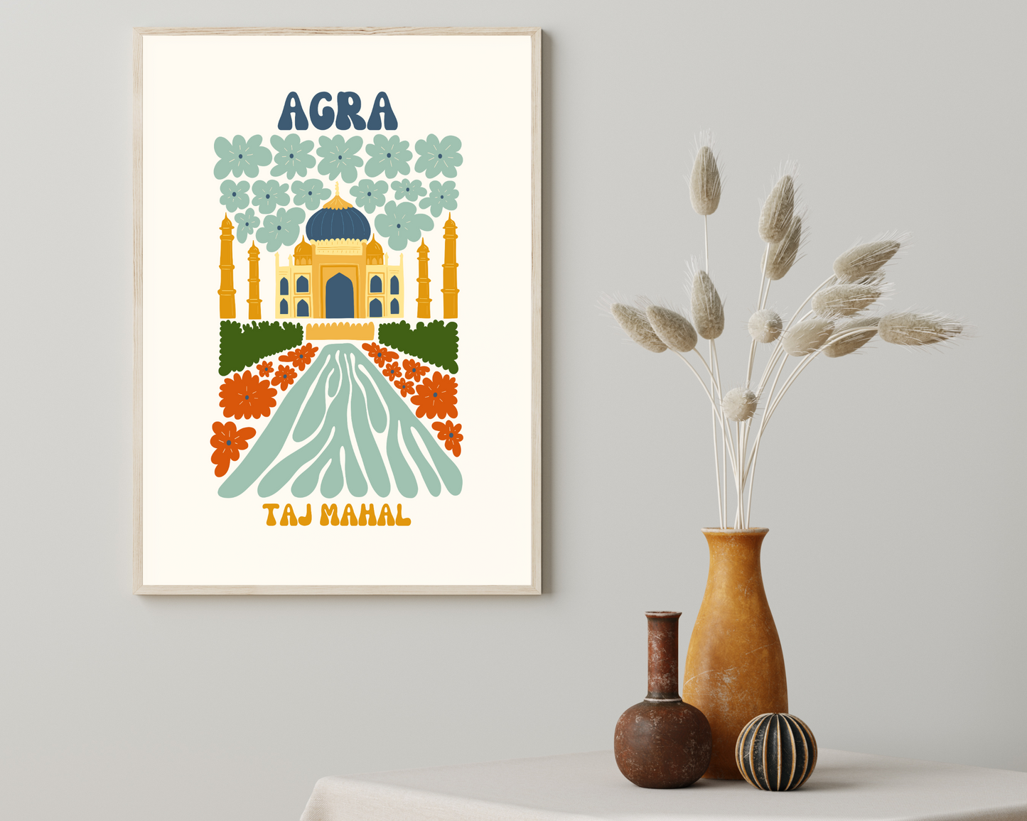 Agra Taj Mahal Floral Retro 60s Hippie Travel Print Poster - Pitchers Design