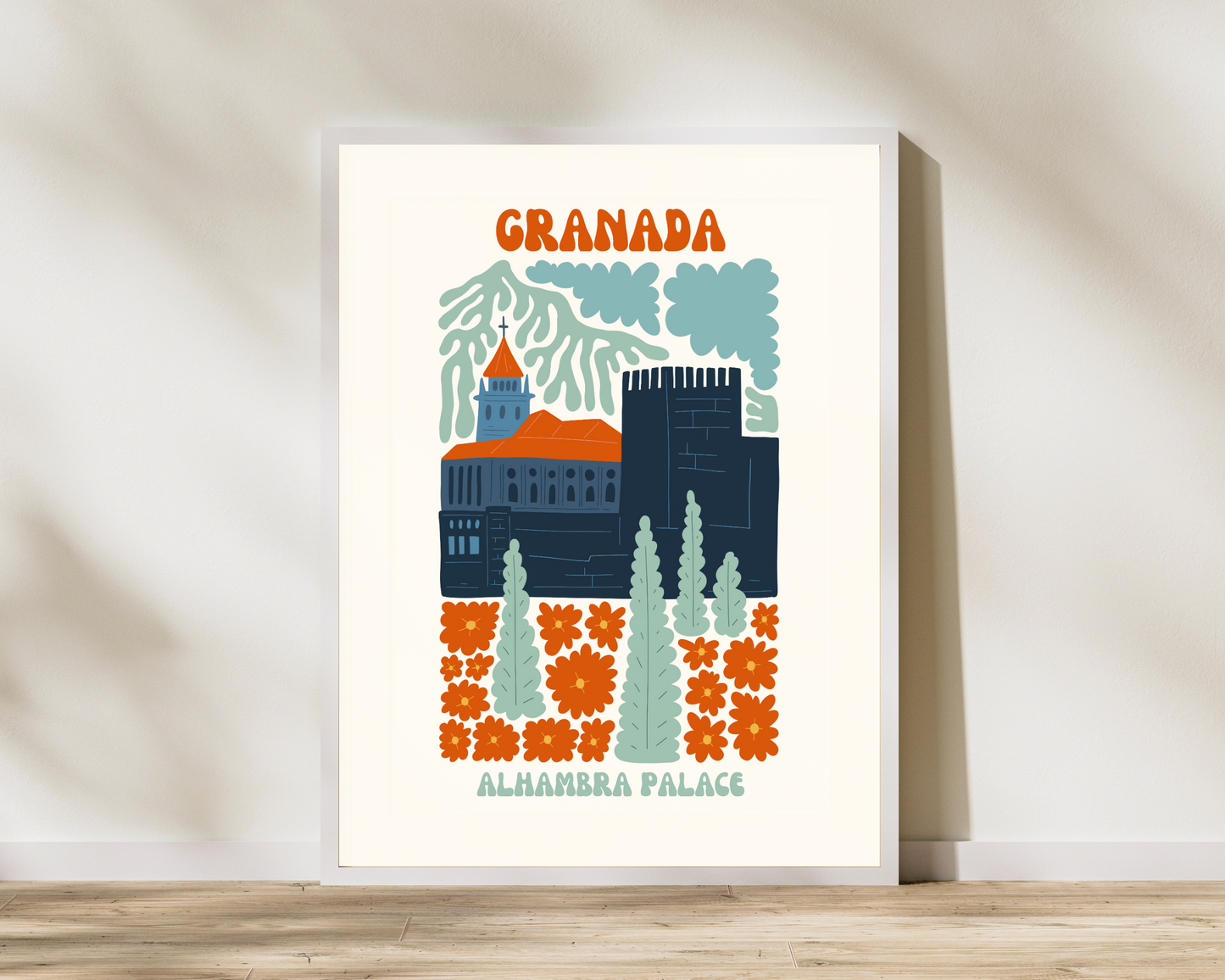 Alhambra Palace Granada Floral Retro 60s Hippie Travel Print Poster - Pitchers Design