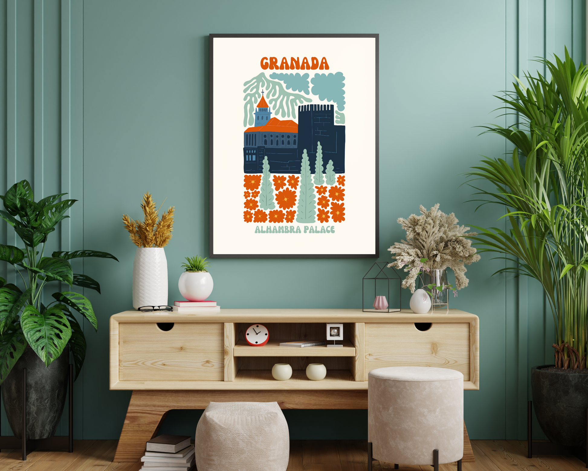 Alhambra Palace Granada Floral Retro 60s Hippie Travel Print Poster - Pitchers Design