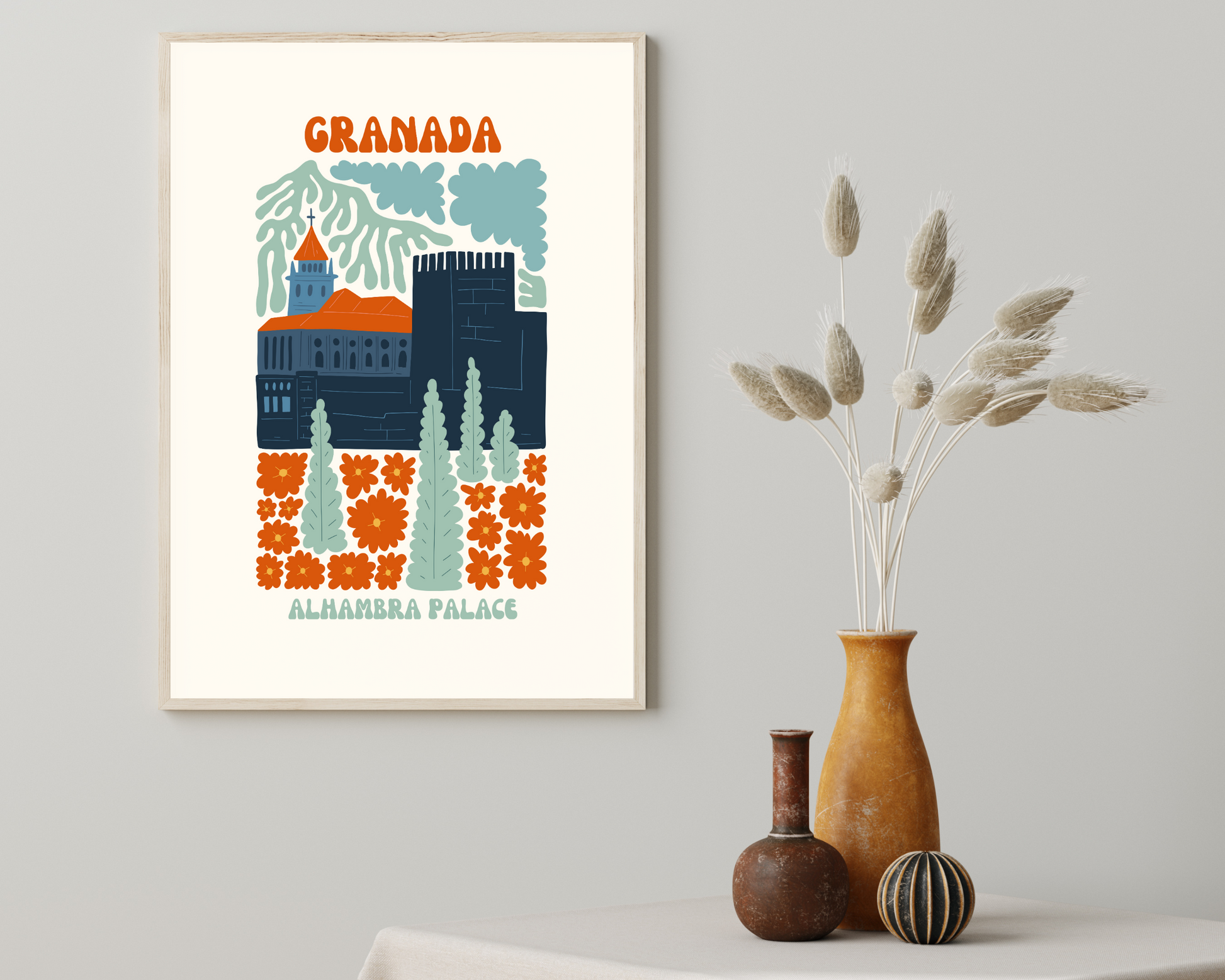 Alhambra Palace Granada Floral Retro 60s Hippie Travel Print Poster - Pitchers Design