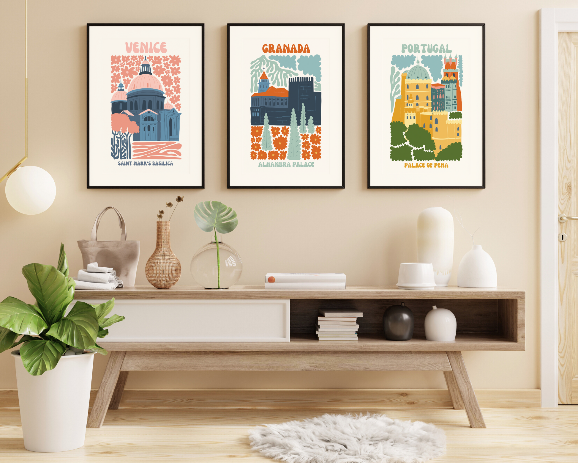 Alhambra Palace Granada Floral Retro 60s Hippie Travel Print Poster - Pitchers Design