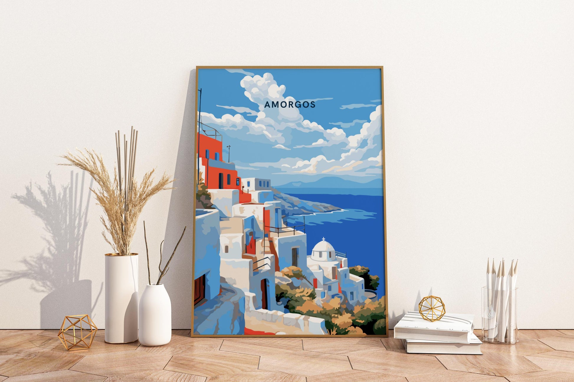 Amorgos Rooftops Greece Travel Print Poster - Pitchers Design