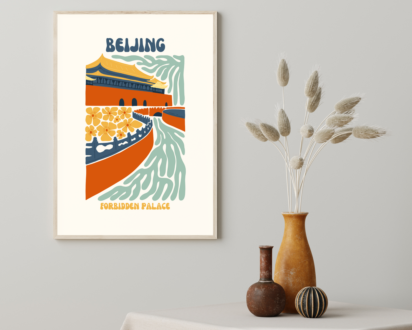 Beijing Forbidden Palace Floral Retro 60s Hippie Travel Print Poster - Pitchers Design