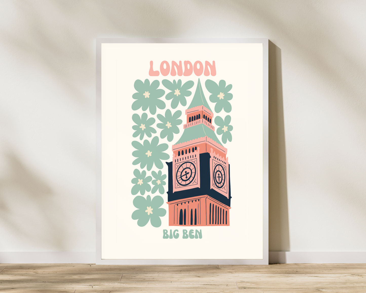 Big Ben London Floral Retro 60s Hippie Travel Print Poster - Pitchers Design