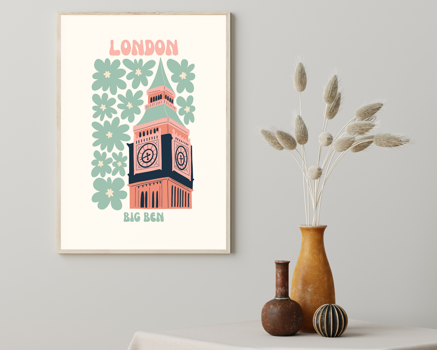 Big Ben London Floral Retro 60s Hippie Travel Print Poster - Pitchers Design