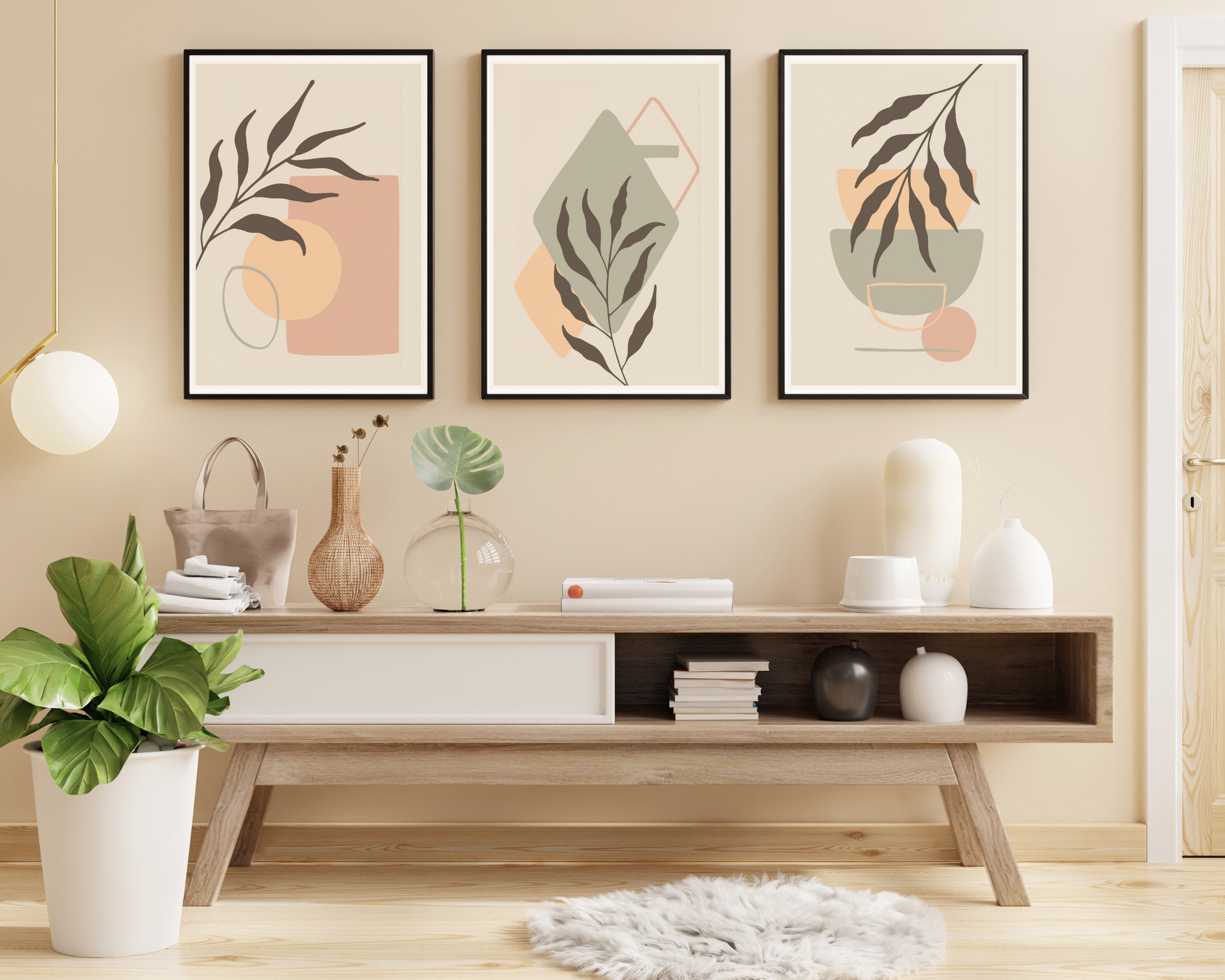 Set of 3 Boho Floral Neutral Colours Wall Art Prints - Pitchers Design