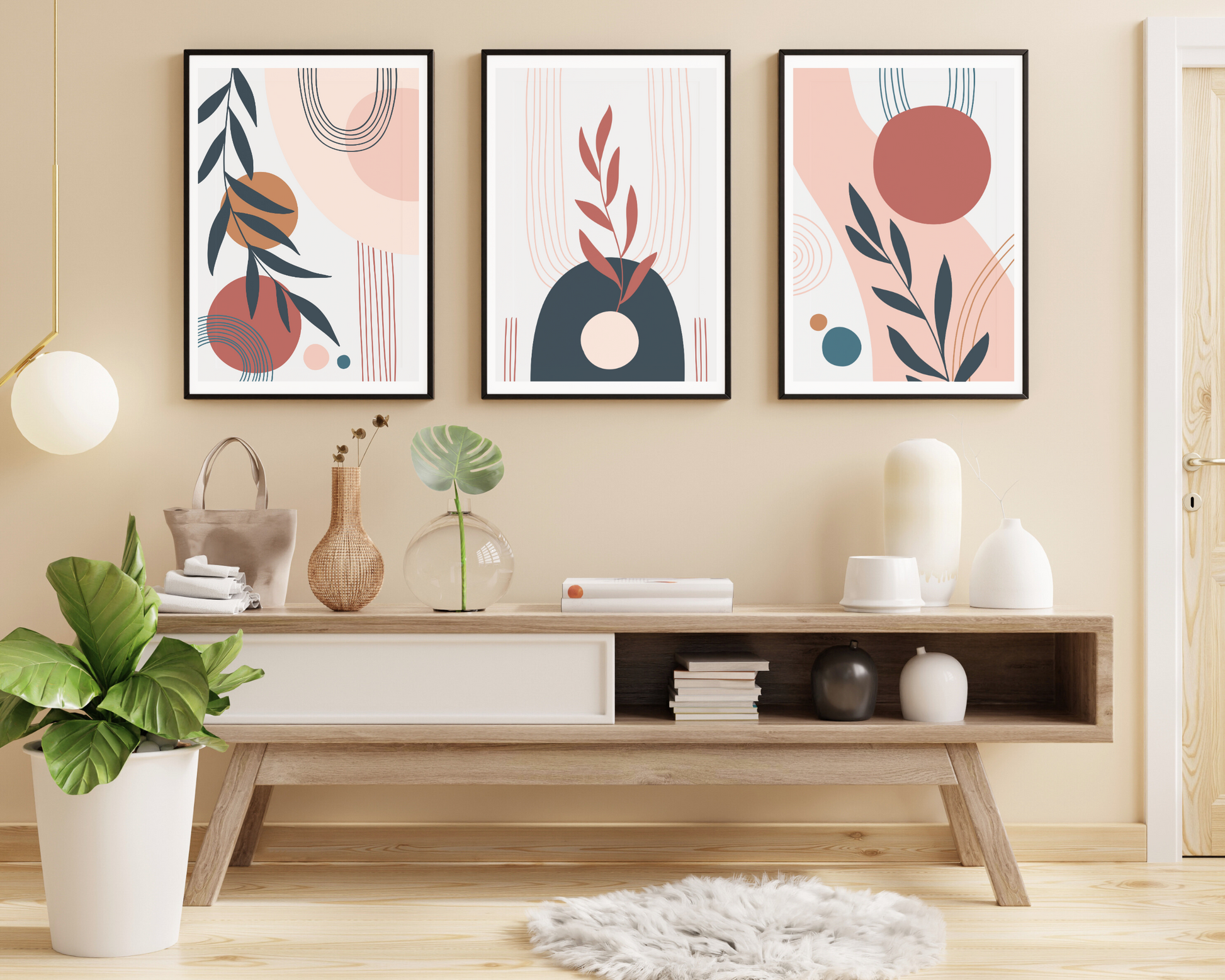 Set of 3 Boho Floral and Abstract Shapes Wall Art Prints - Pitchers Design