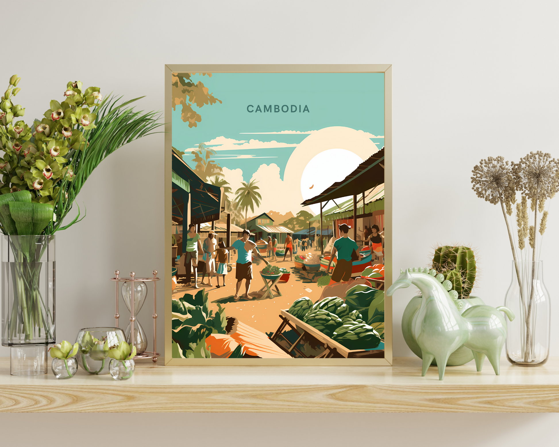 Cambodia Local Market Travel Poster Print - Pitchers Design