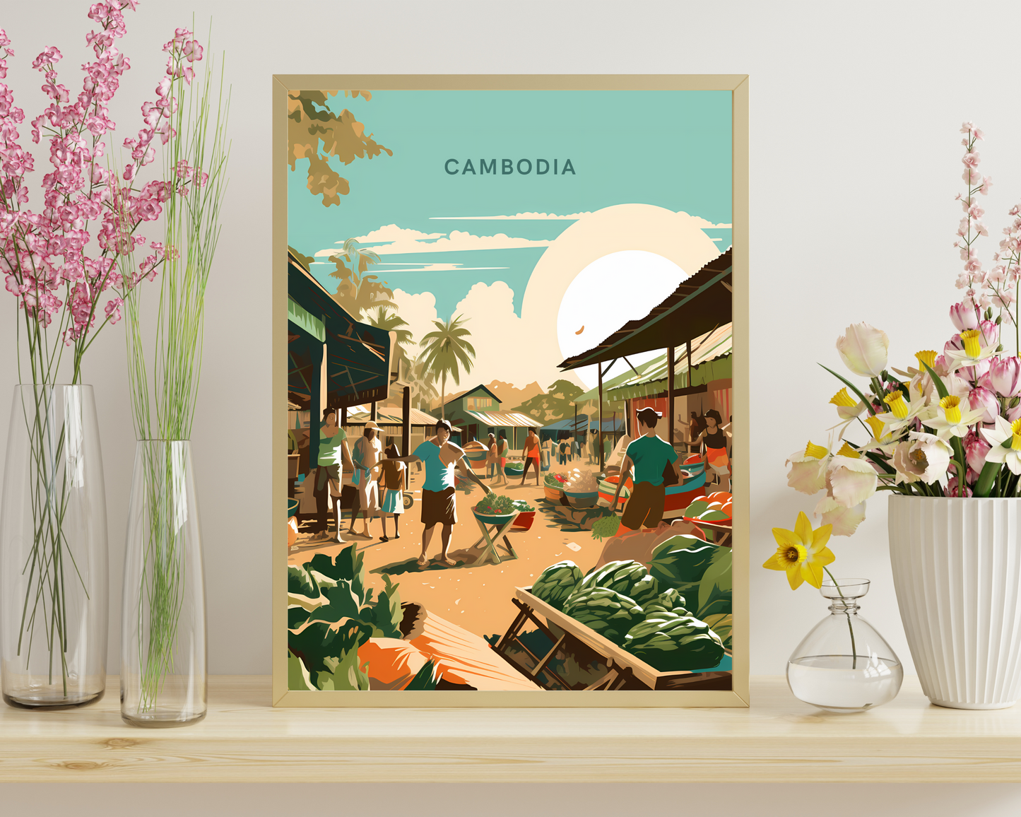 Cambodia Local Market Travel Poster Print - Pitchers Design