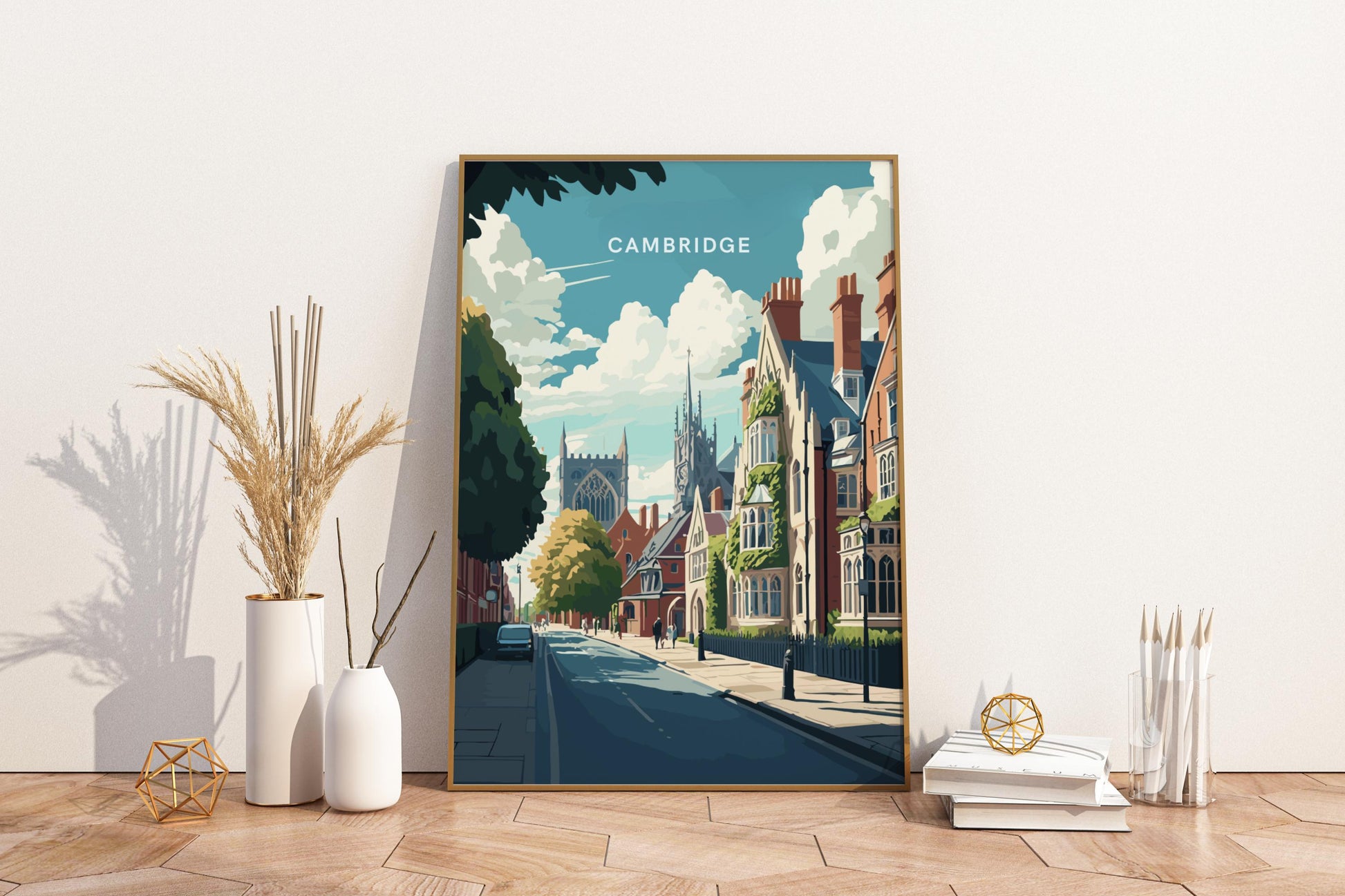 Streets of Cambridge England UK Travel Print Poster - Pitchers Design