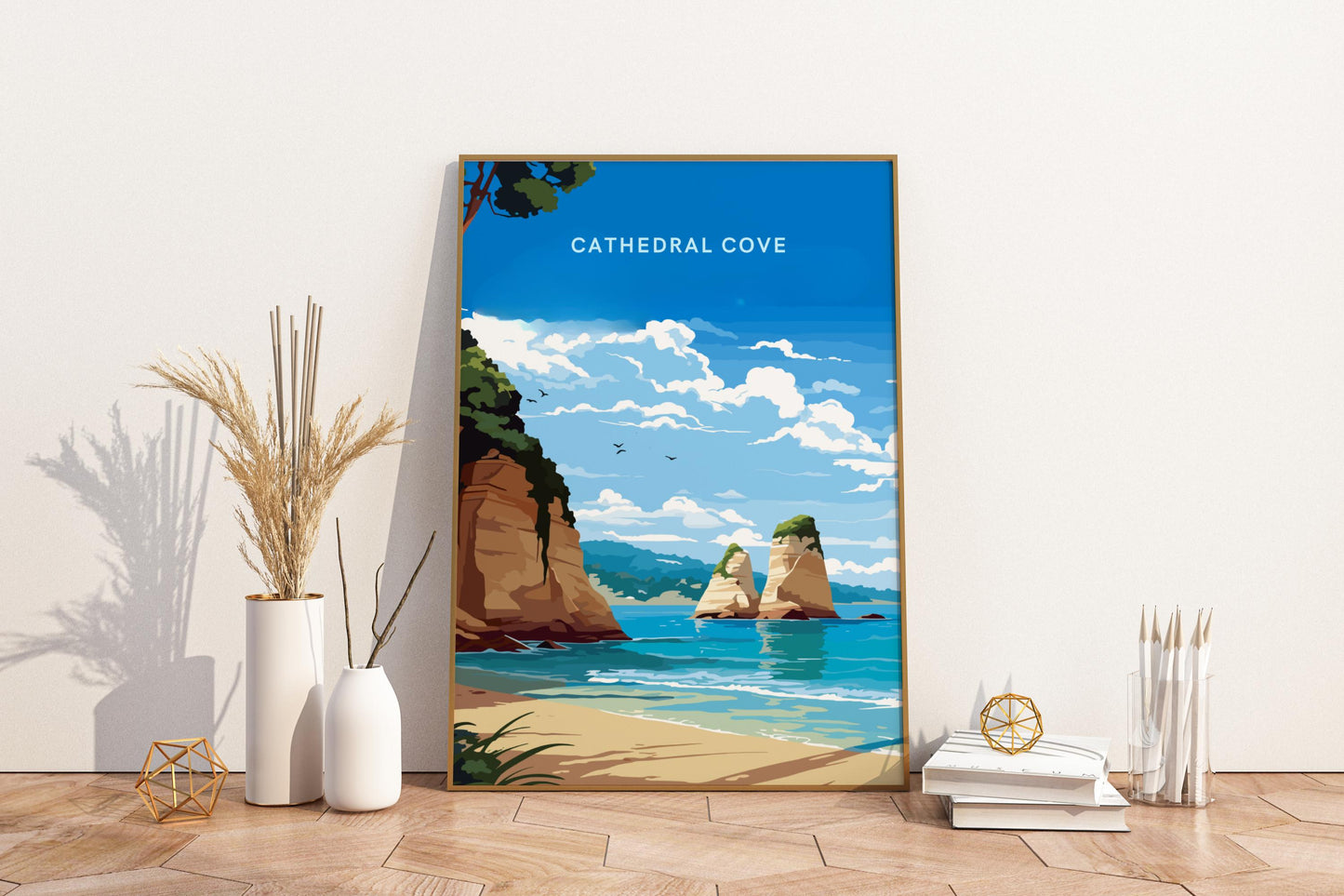 Cathedral Cove Hahei New Zealand Travel Print Poster - Pitchers Design