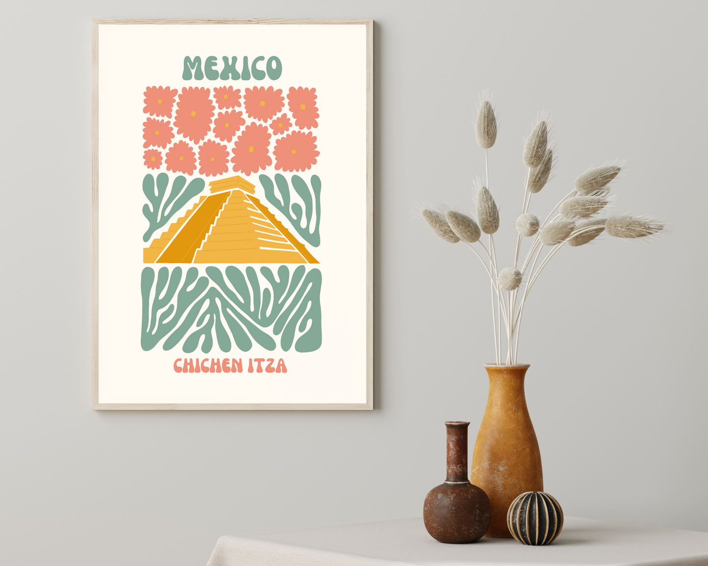 Chichen Itza Mexico Floral Retro 60s Hippie Travel Print Poster - Pitchers Design