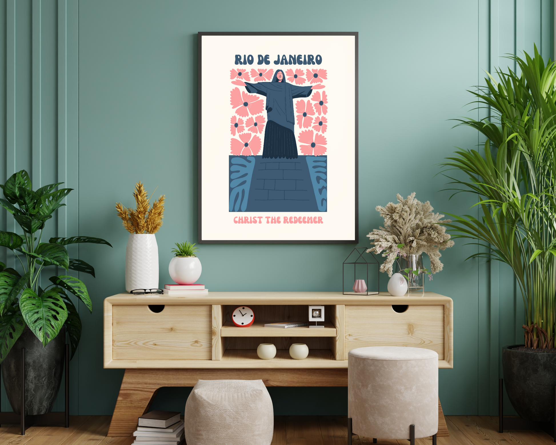 Christ the Redeemer Rio De Janeiro Floral Retro 60s Hippie Travel Print Poster - Pitchers Design