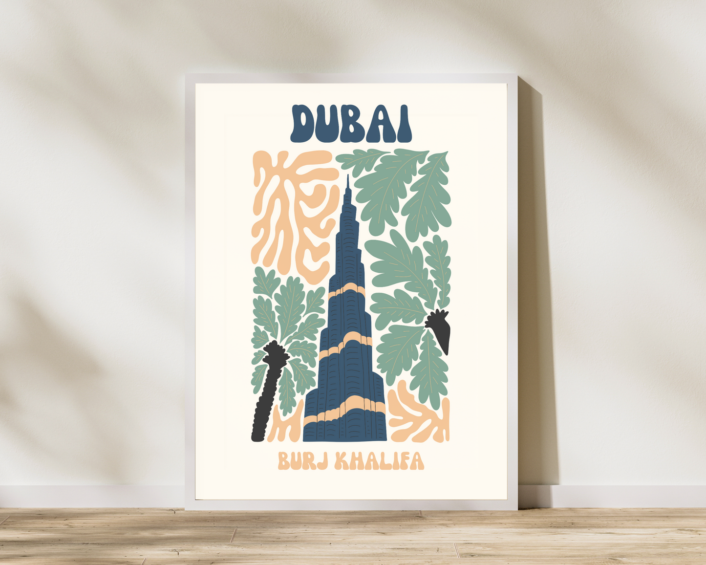 Dubai Burj Khalifa Floral Retro 60s Hippie Travel Print Poster - Pitchers Design