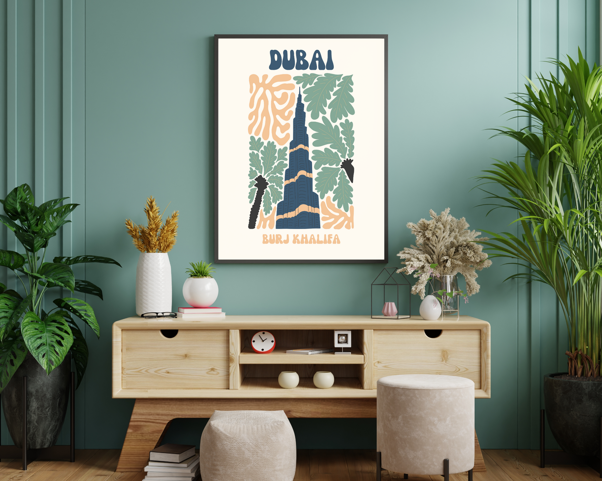 Dubai Burj Khalifa Floral Retro 60s Hippie Travel Print Poster - Pitchers Design