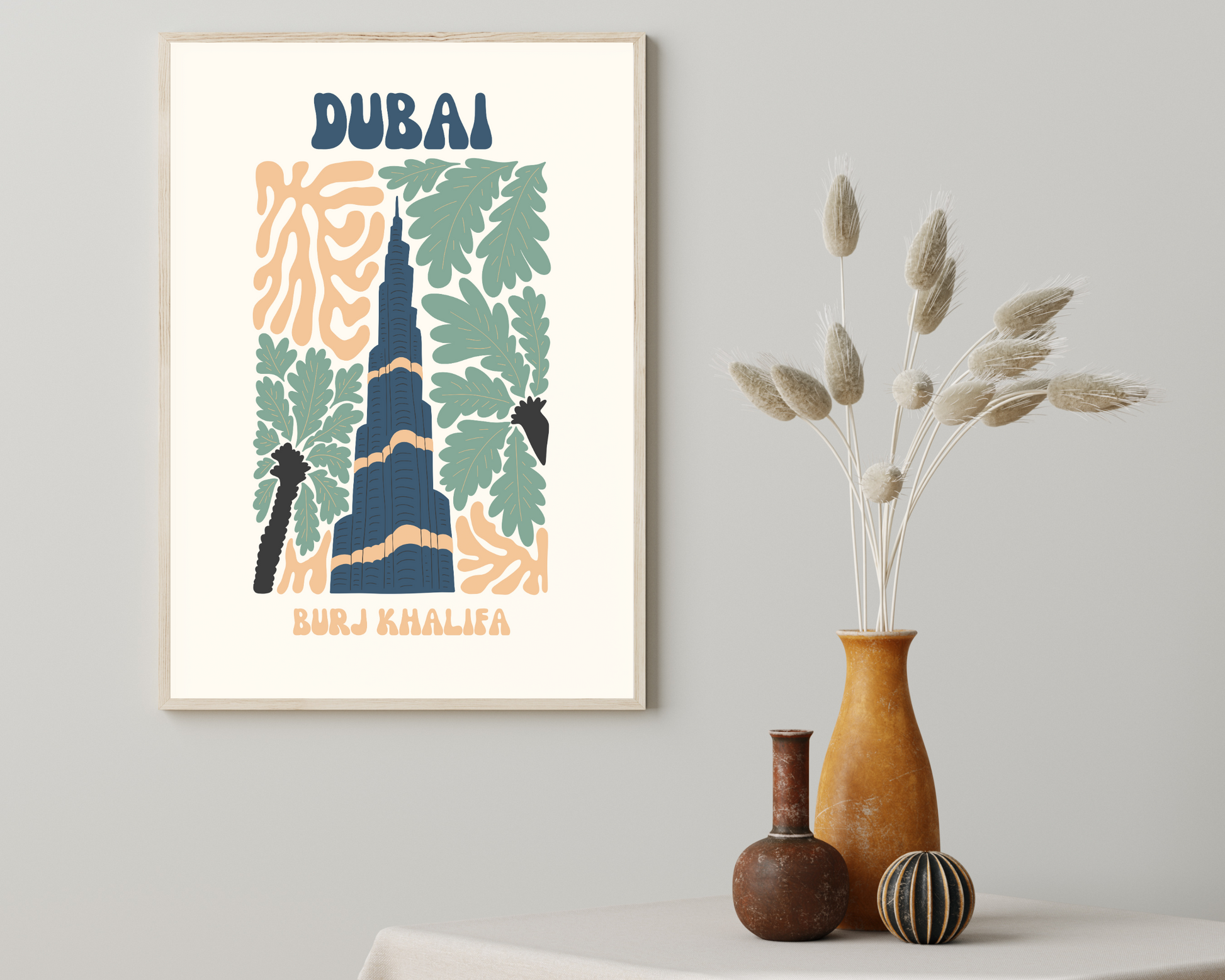 Dubai Burj Khalifa Floral Retro 60s Hippie Travel Print Poster - Pitchers Design