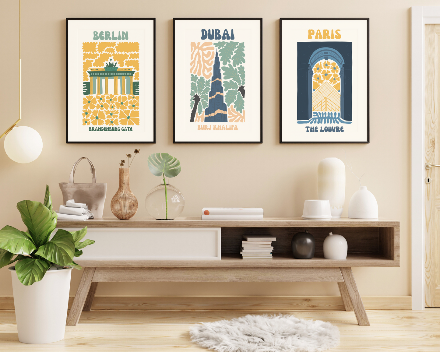 Dubai Burj Khalifa Floral Retro 60s Hippie Travel Print Poster - Pitchers Design