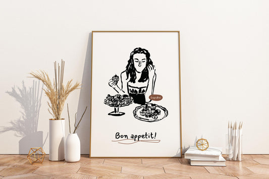 Bon Appetit Woman Eating Cupcakes Illustrated Food Print Poster - Pitchers Design