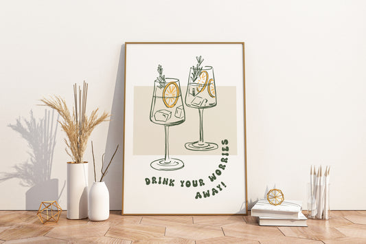 Drink Your Worries Away Illustrated Food Print Poster - Pitchers Design