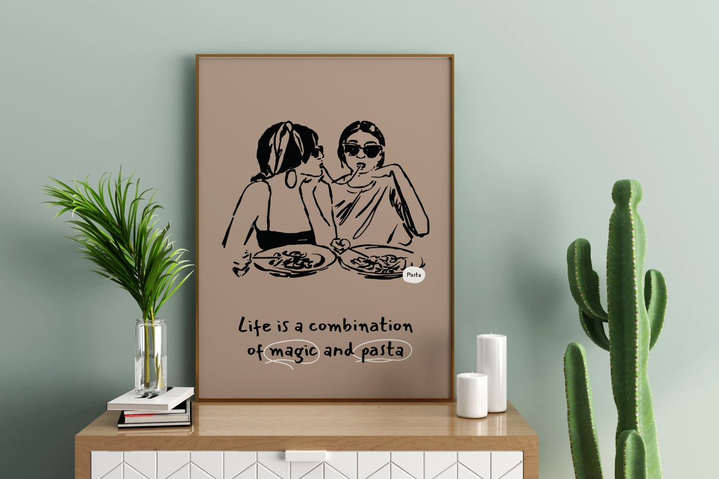 Life is a Combination of Magic and Pasta Illustrated Food Print Poster - Pitchers Design