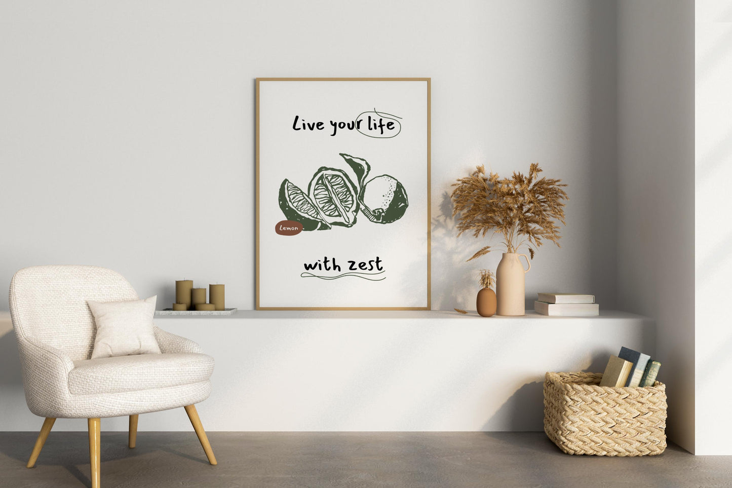 Live Your Life with Zest Lemon Illustrated Food Print Poster - Pitchers Design