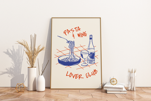 Pasta & Wine Lover Illustrated Food Print Poster - Pitchers Design