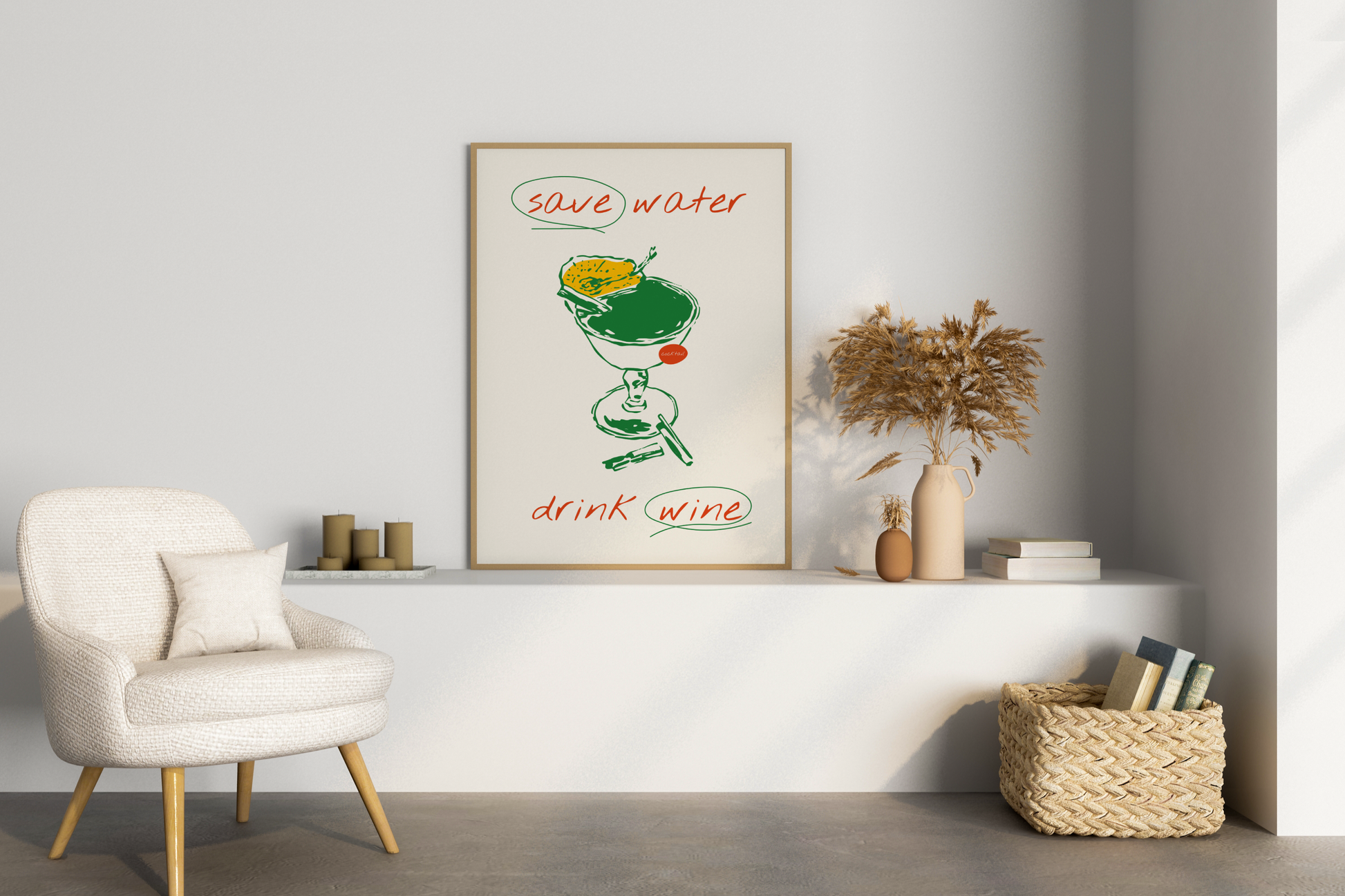 Save Water Drink Wine Illustrated Food Print Poster - Pitchers Design