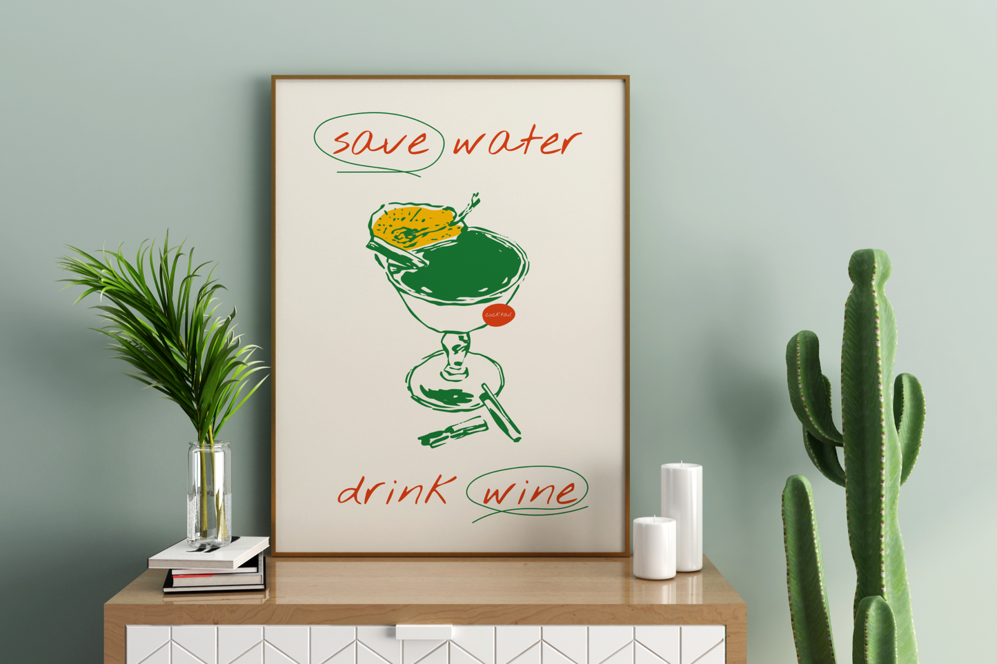 Save Water Drink Wine Illustrated Food Print Poster - Pitchers Design