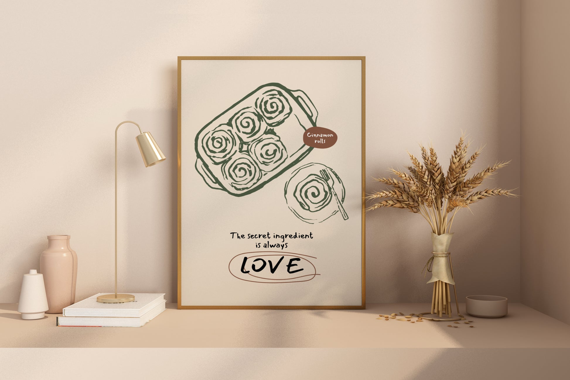 Secret Ingredient is LOVE - Cinnamon Rolls Illustrated Food Print Poster - Pitchers Design