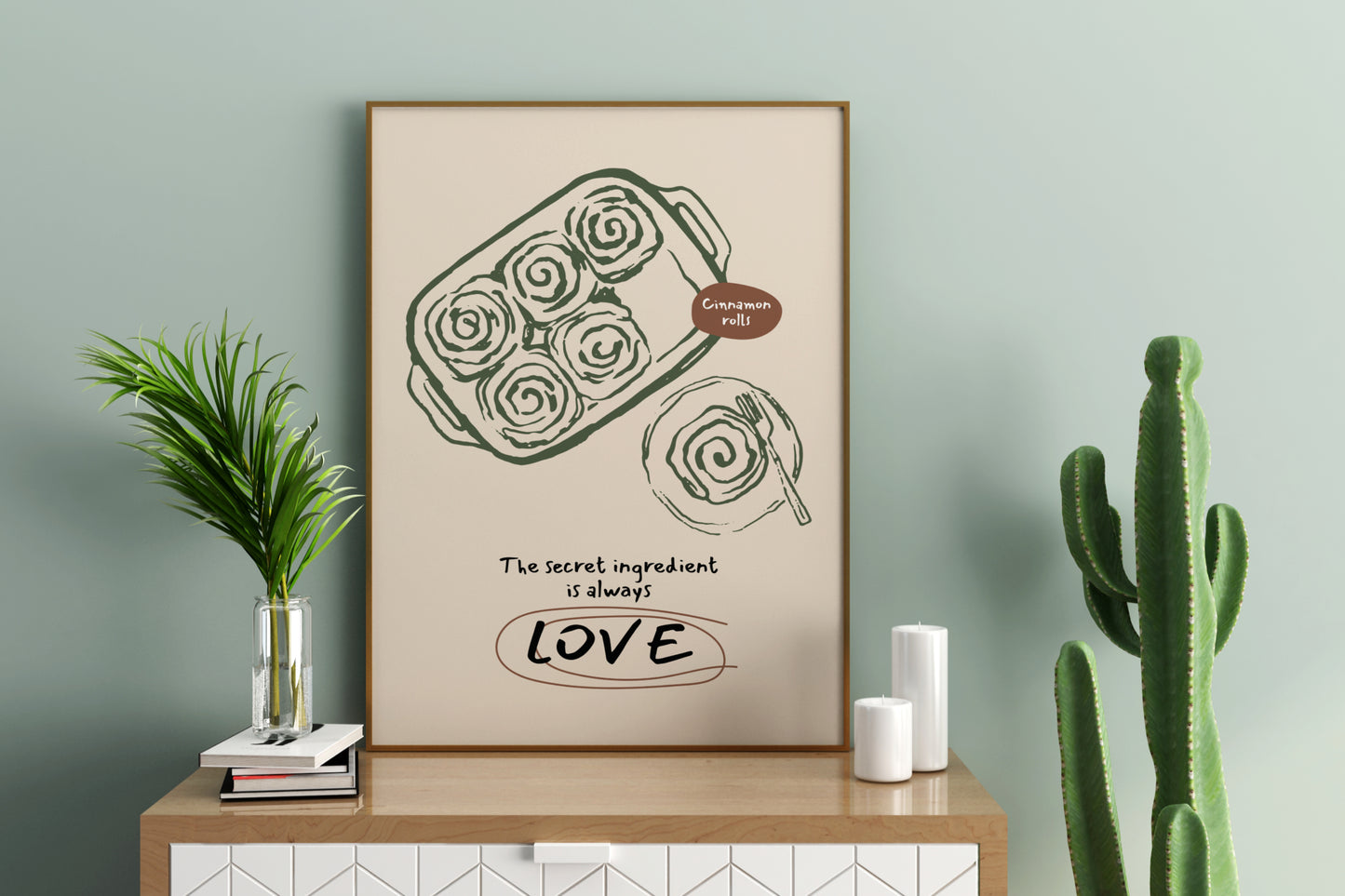 Secret Ingredient is LOVE - Cinnamon Rolls Illustrated Food Print Poster - Pitchers Design