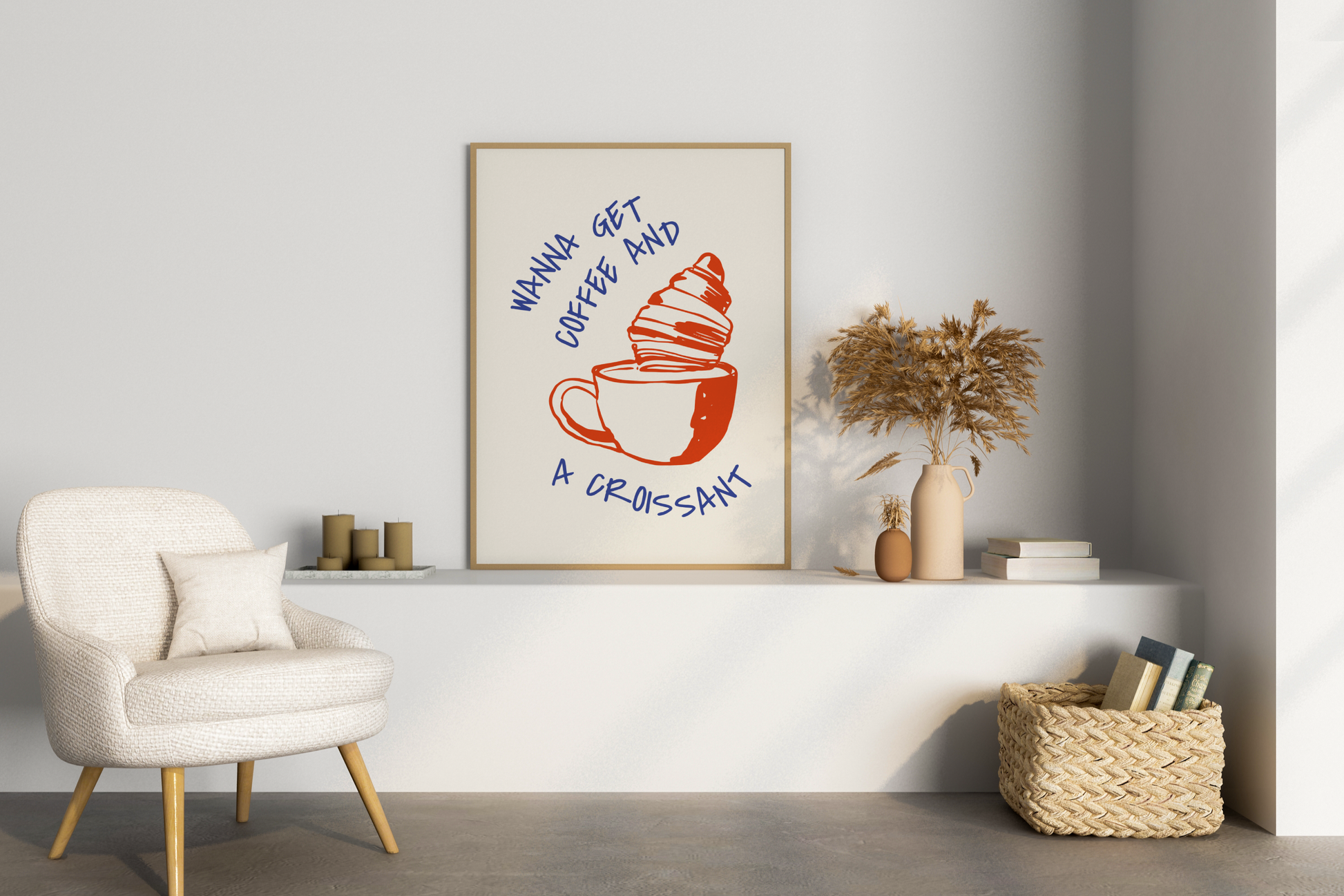 Wanna Get Coffee And Croissant Illustrated Food Print Poster - Pitchers Design