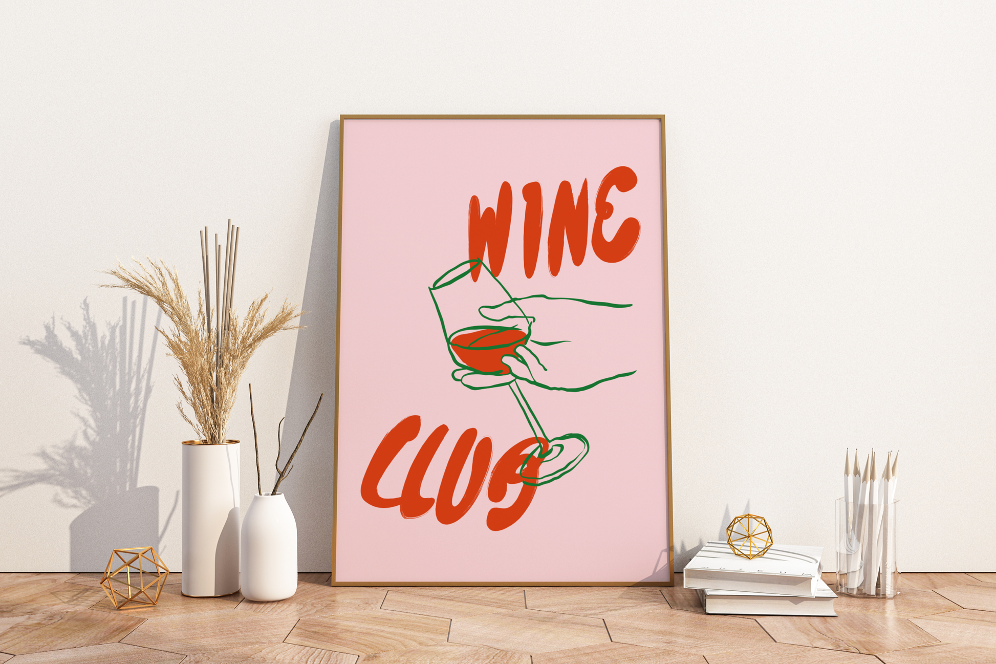 Wine Club Pink Illustrated Food Print Poster - Pitchers Design