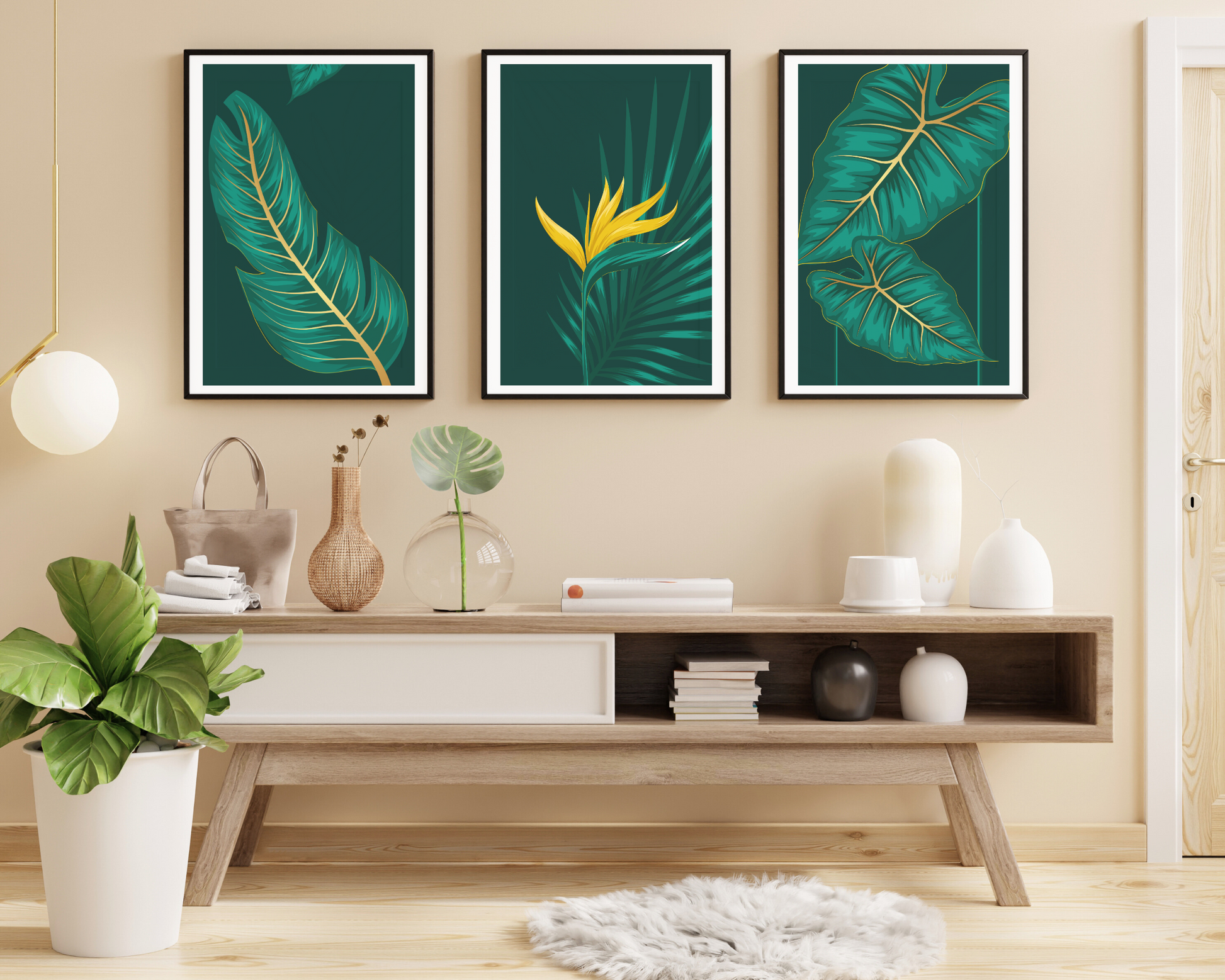 Set of 3 Gold and Green Botanical Wall Art Prints - Pitchers Design