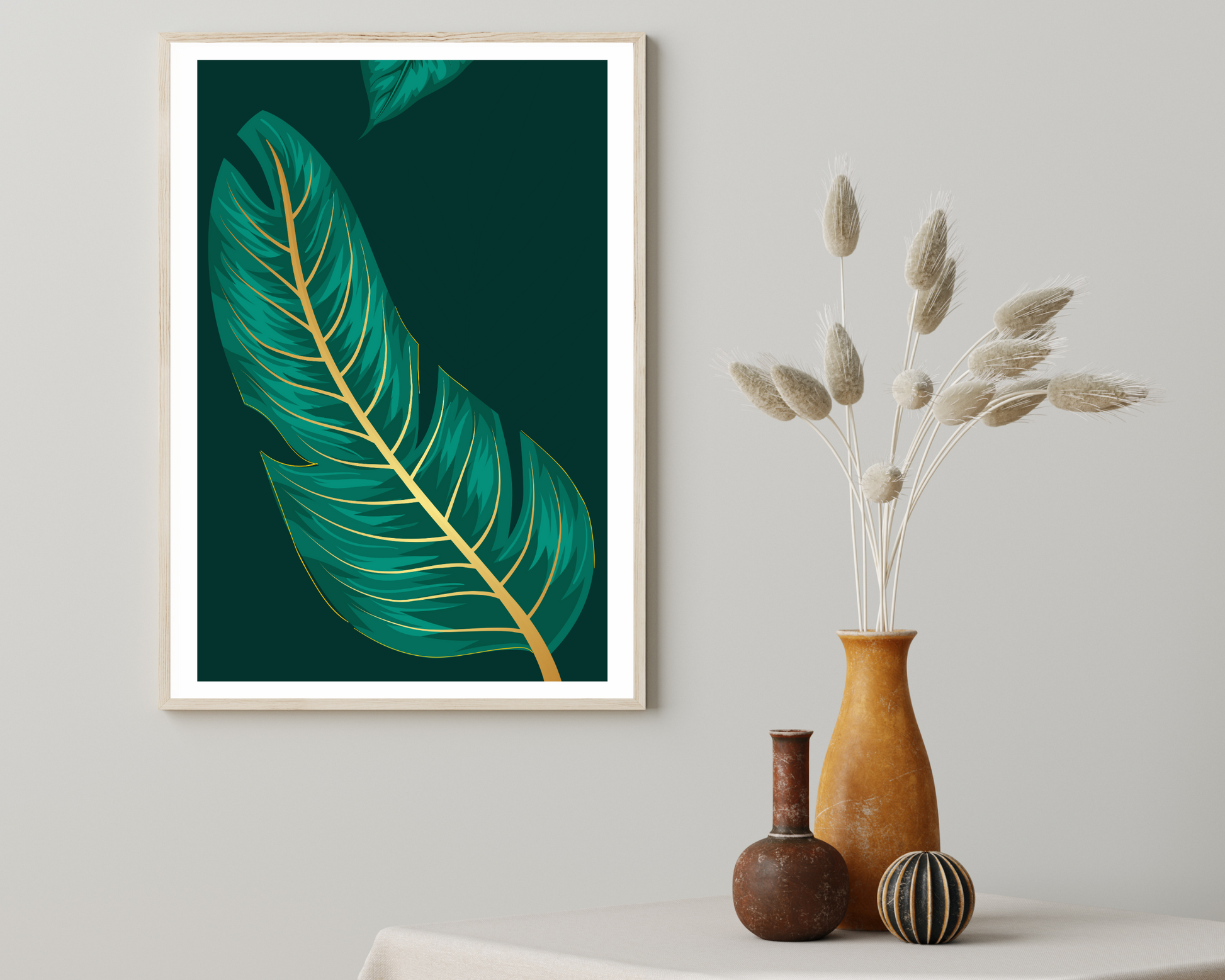 Set of 3 Gold and Green Botanical Wall Art Prints - Pitchers Design