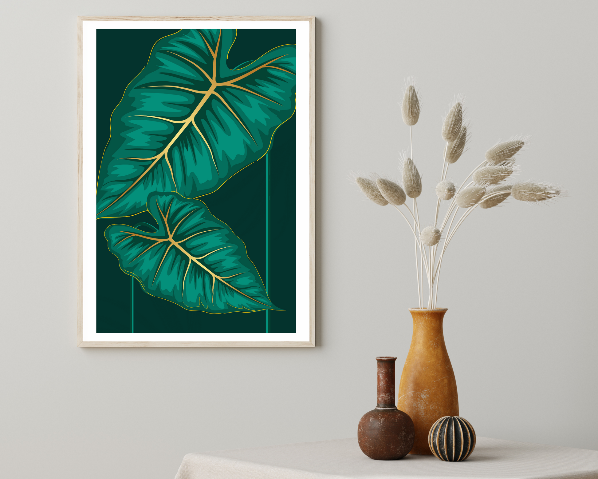 Set of 3 Gold and Green Botanical Wall Art Prints - Pitchers Design