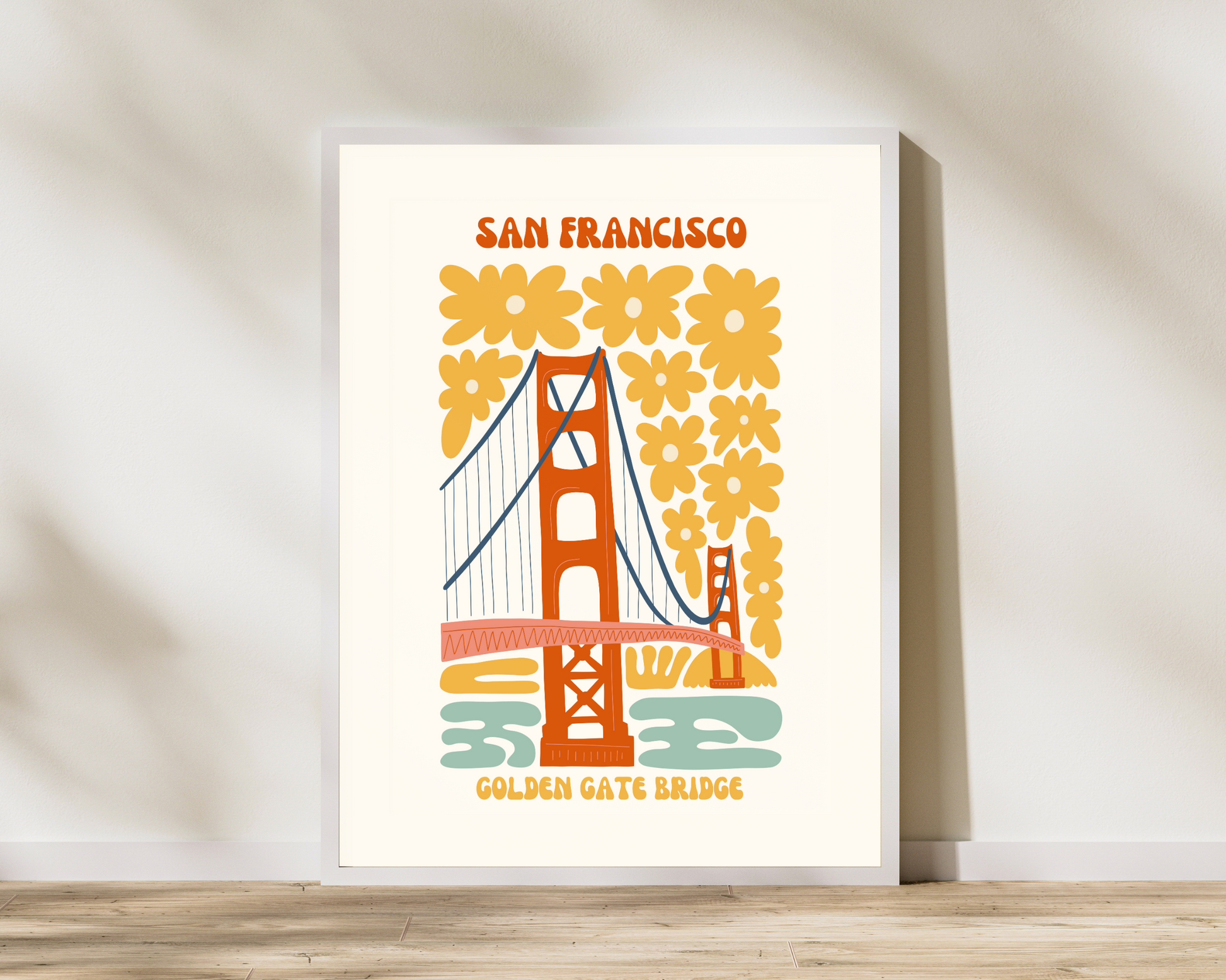 Golden Gate Bridge San Francisco Floral Retro 60s Hippie Travel Print Poster - Pitchers Design