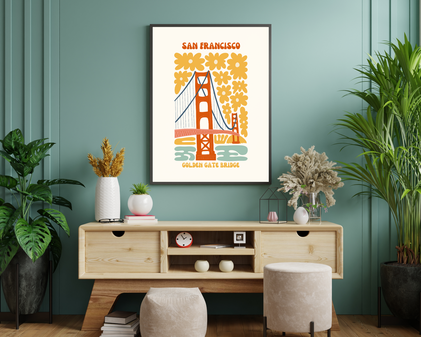 Golden Gate Bridge San Francisco Floral Retro 60s Hippie Travel Print Poster - Pitchers Design