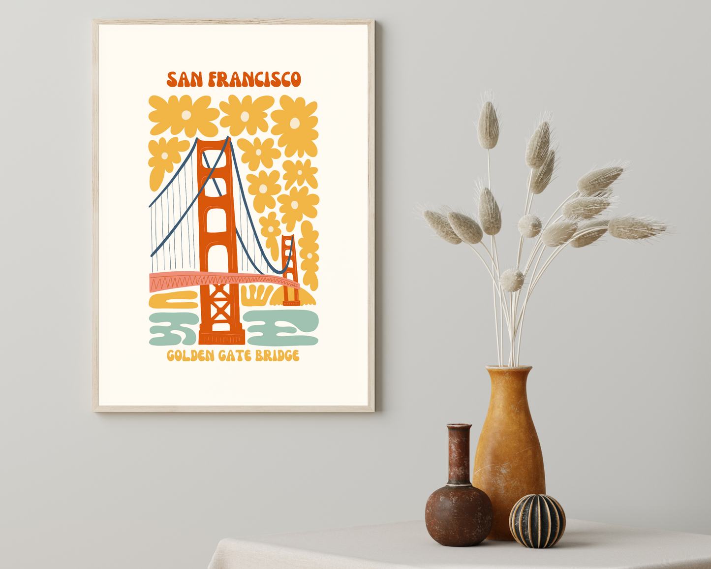 Golden Gate Bridge San Francisco Floral Retro 60s Hippie Travel Print Poster - Pitchers Design