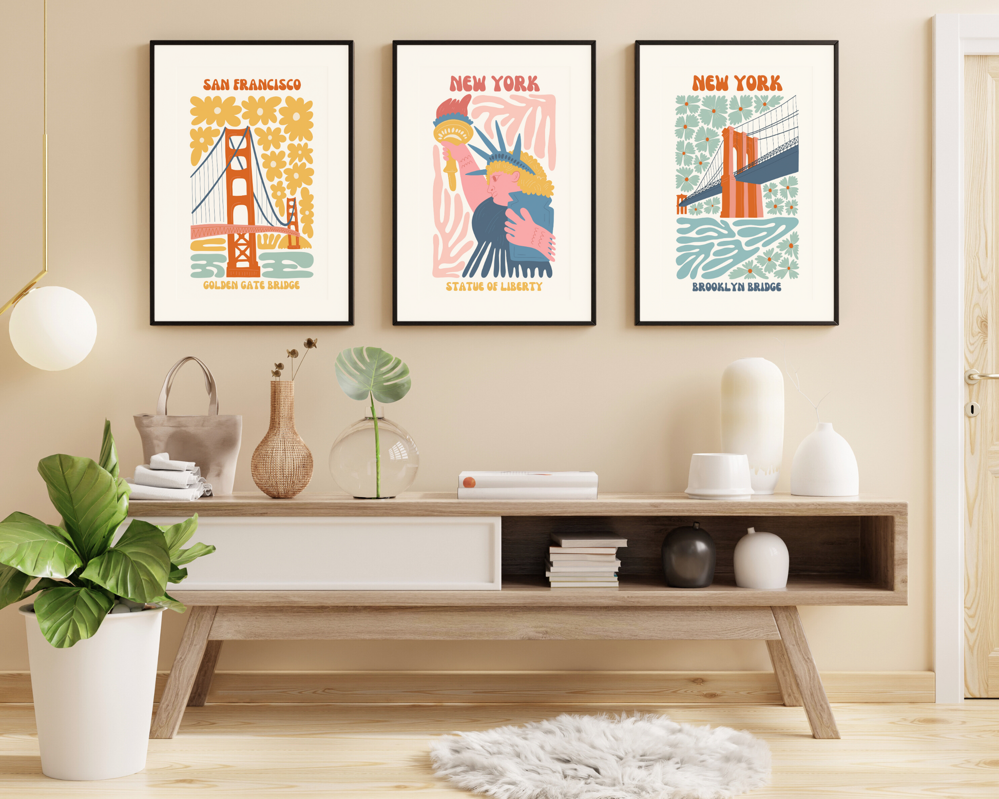 Golden Gate Bridge San Francisco Floral Retro 60s Hippie Travel Print Poster - Pitchers Design