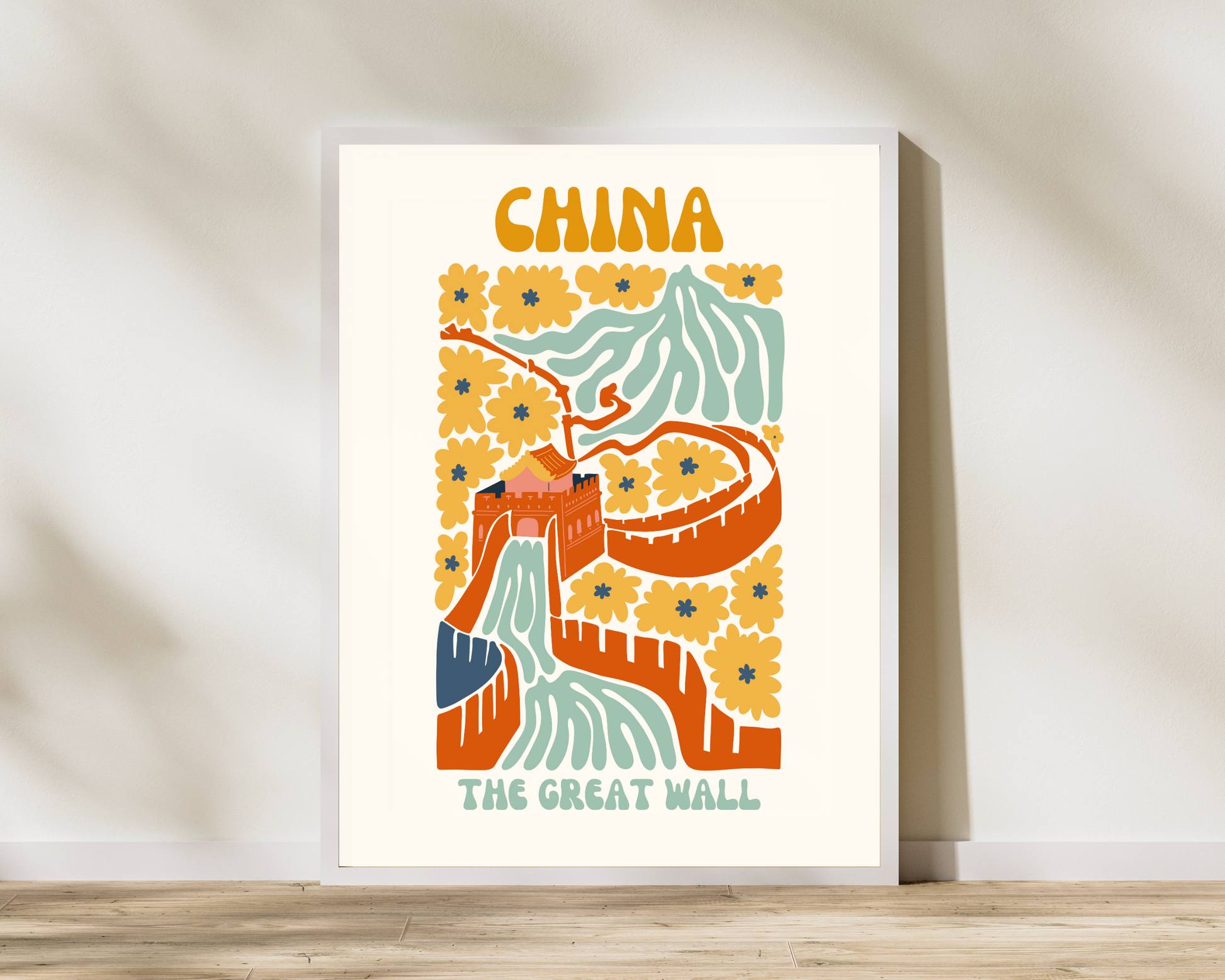 Great Wall of China Floral Retro 60s Hippie Travel Print Poster - Pitchers Design