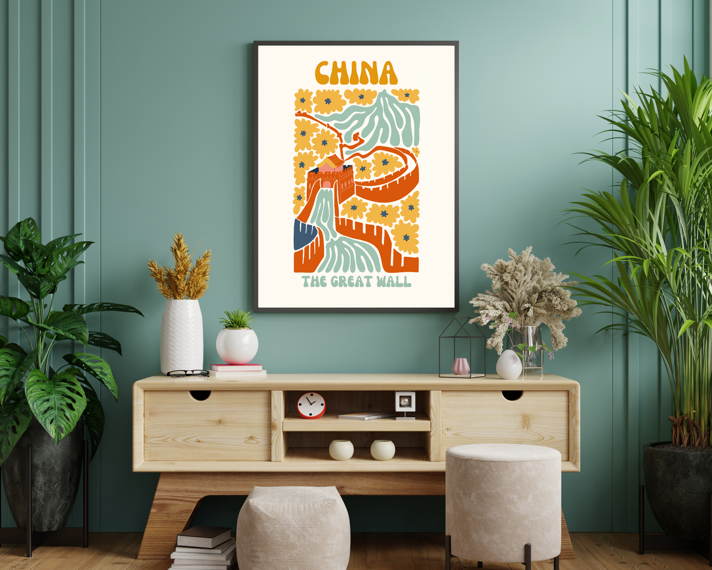 Great Wall of China Floral Retro 60s Hippie Travel Print Poster - Pitchers Design