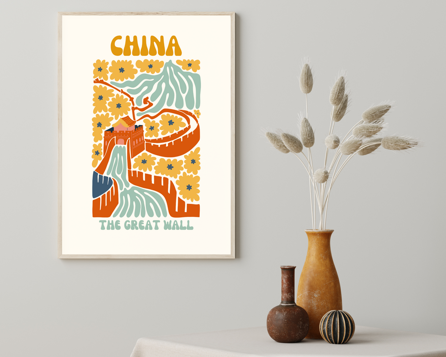 Great Wall of China Floral Retro 60s Hippie Travel Print Poster - Pitchers Design