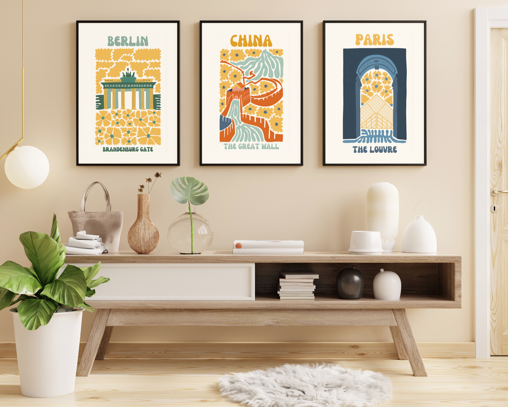 Great Wall of China Floral Retro 60s Hippie Travel Print Poster - Pitchers Design