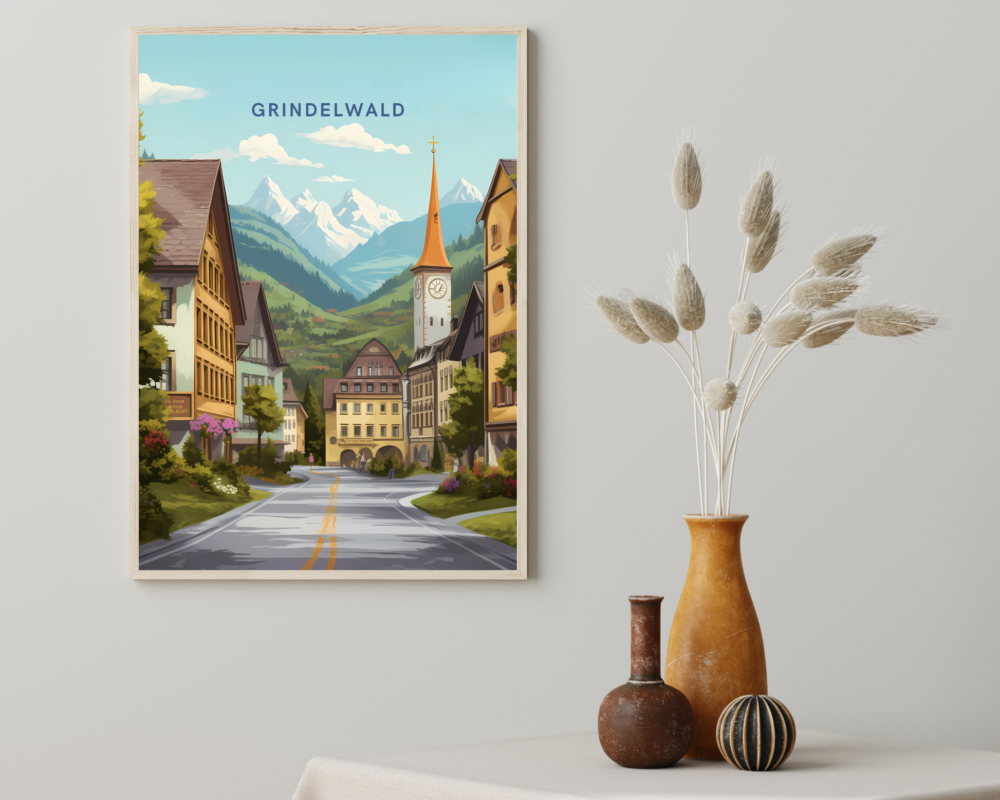 Grindelwald Streets Switzerland Travel Poster Print - Pitchers Design