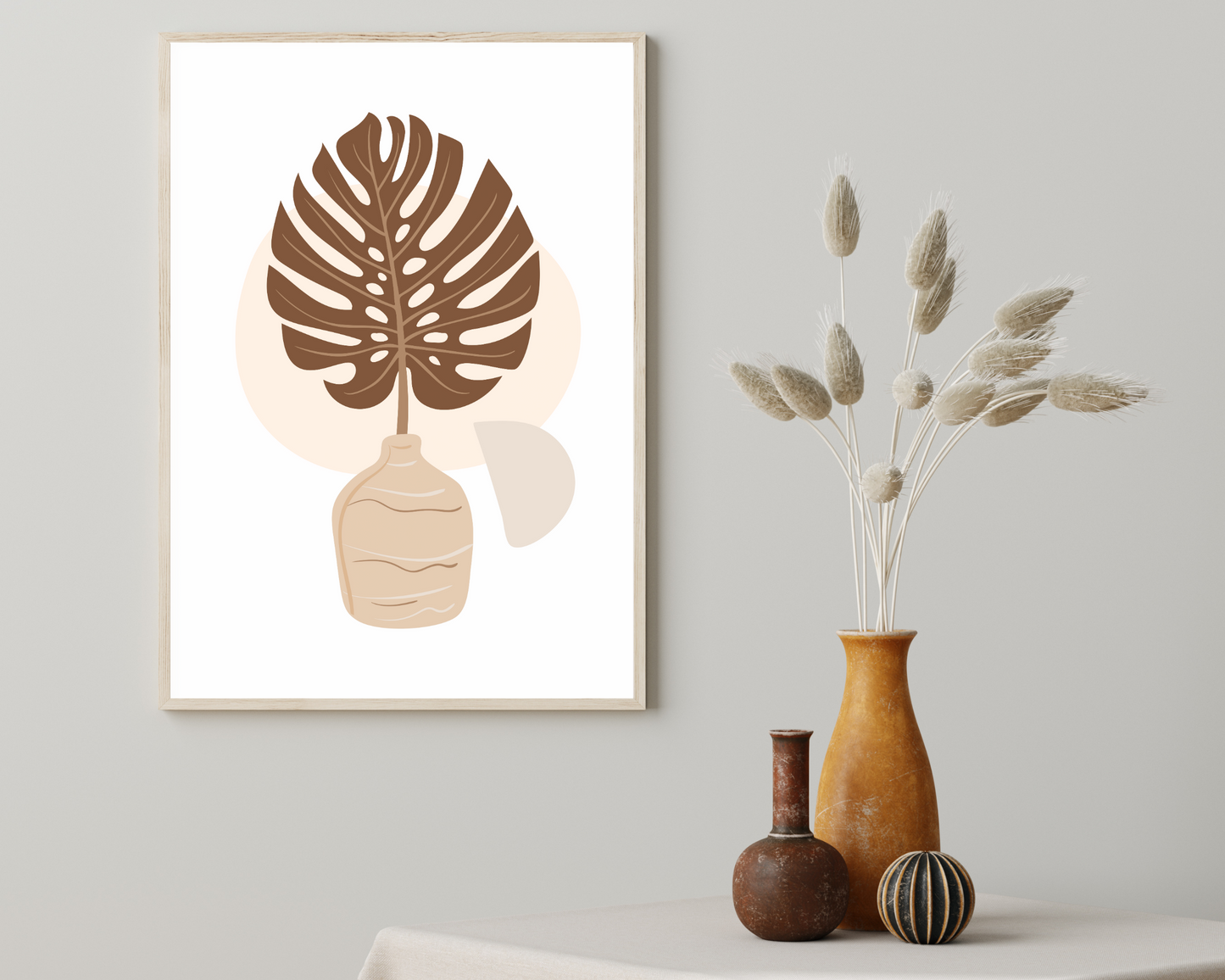 Set of 3 Hand Drawn Boho Brown Plants Wall Art Prints - Pitchers Design