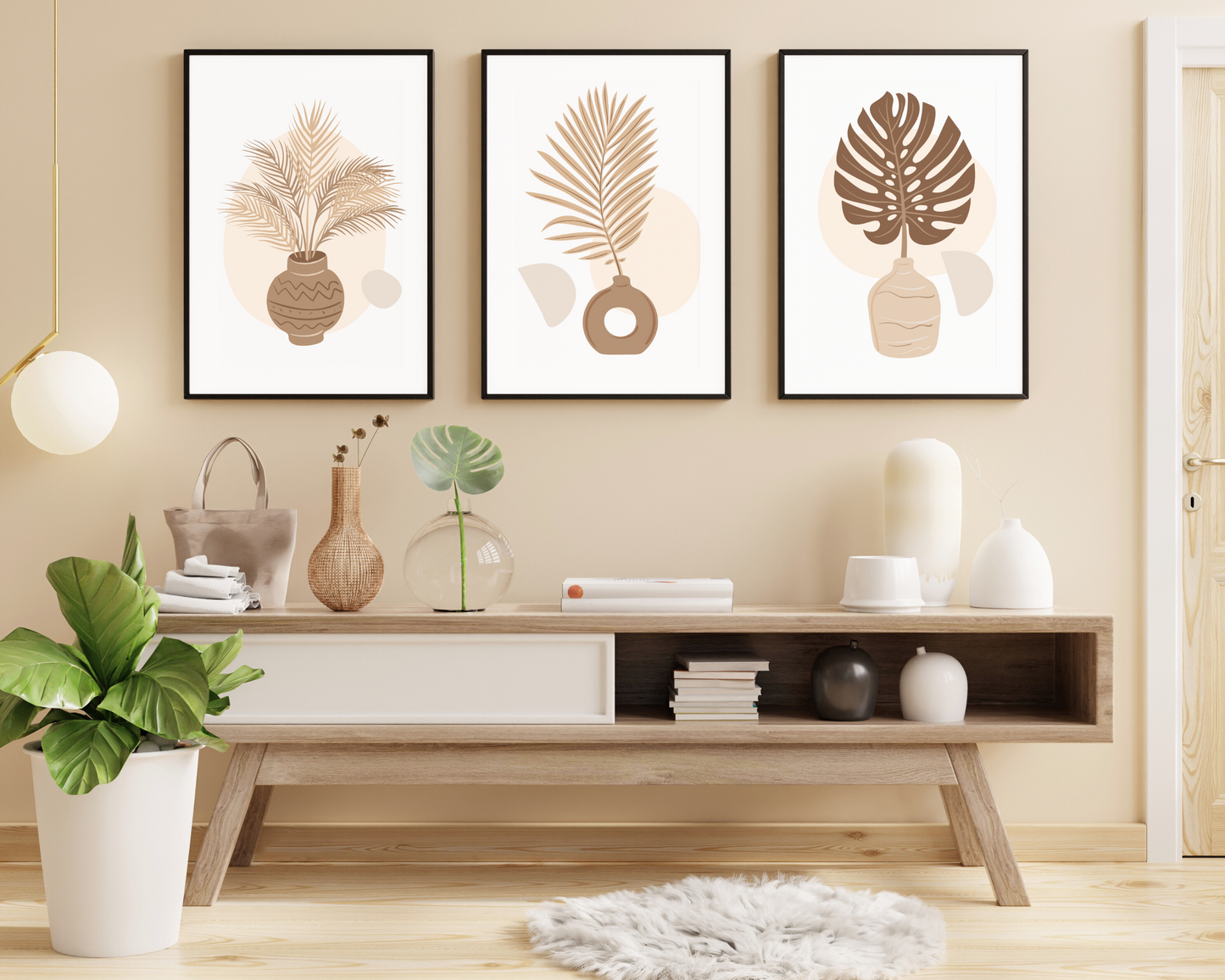 Set of 3 Hand Drawn Boho Brown Plants Wall Art Prints - Pitchers Design