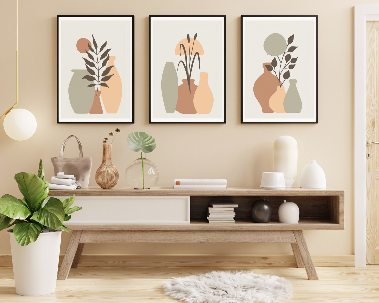 Set of 3 Hand Drawn Flat Design Boho Wall Art Prints - Pitchers Design