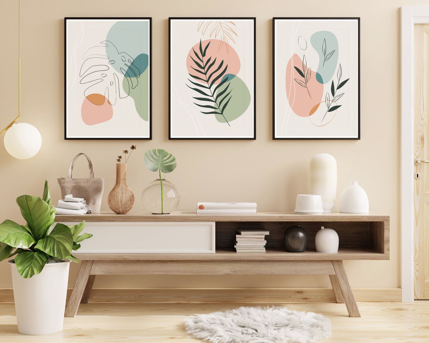 Set of 3 Hand Drawn Floral Foliage Pastel Colours Wall Art Prints - Pitchers Design